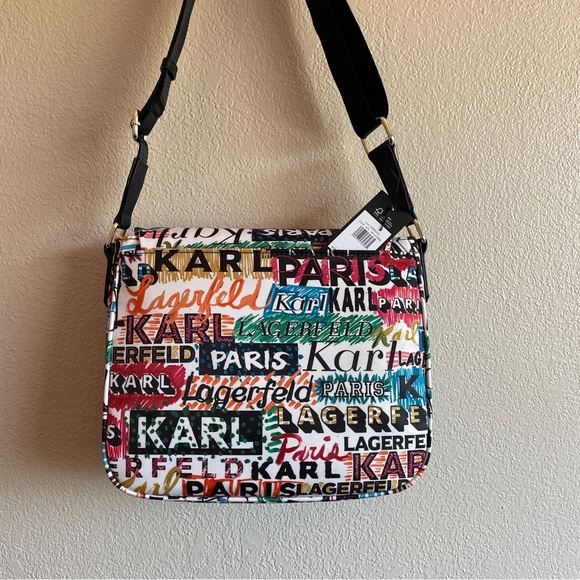 NWT KARL LAGERFELD PARIS White Scribble Print Messenger Crossbody Bag - Picture 5 of 6
